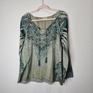 Energe Green Long Sleeve Tunic Top Size L Y2K Rhinestone Forest Fairy Grunge‎